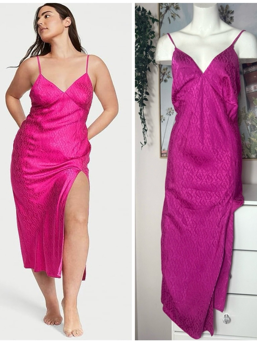 Victoria's Secret Icon Satin Midi Slip Dress Fuchsia Frenzy Pink Lace Up XL